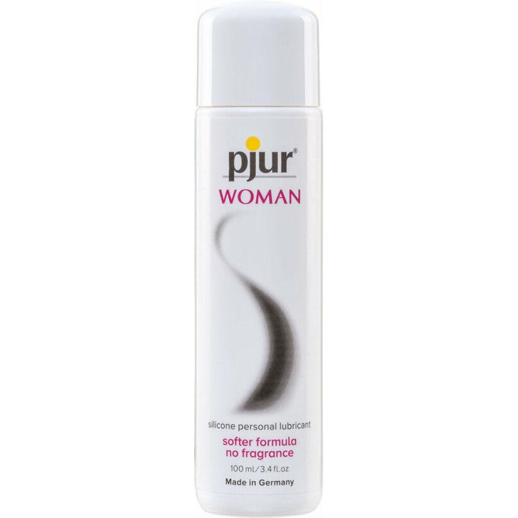 Flacon blanc avec logo "pjur woman". Texte : "silicone personal lubricant softer formula no fragrance".