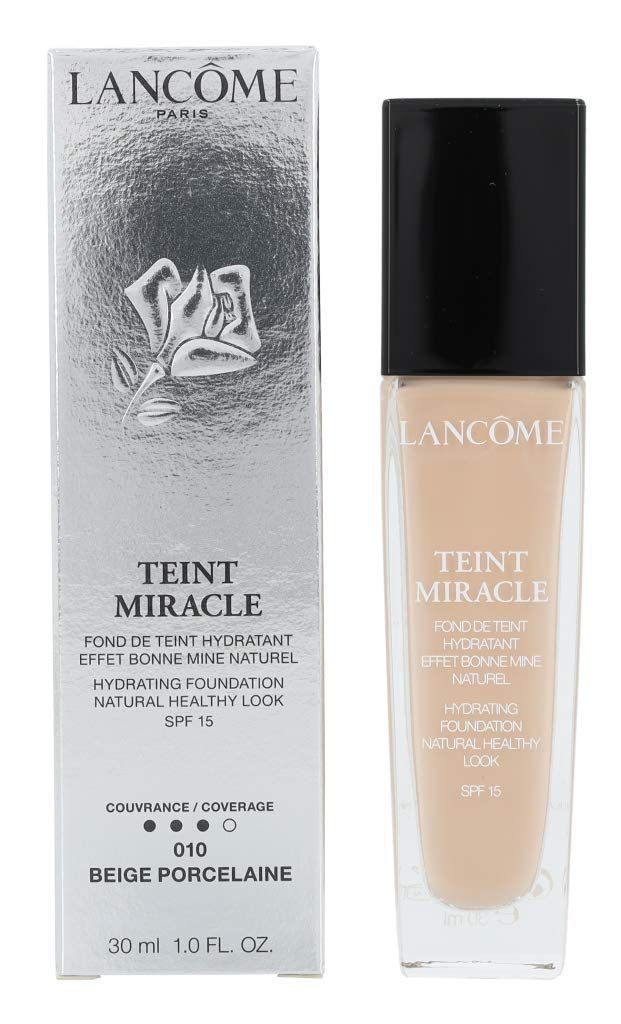 Fond de teint Lancôme Teint Miracle. Flacon et emballage. Beige Porcelaine 010. SPF 15. Fond de teint hydratant. Effet bonne mine naturelle.