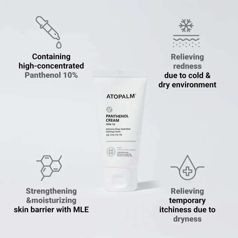 Tube blanc avec logo et nom du produit, entouré d'icônes. Inscription : ATOPALM, Panthenol Cream. Texte : Intensive Deep-Hydration.