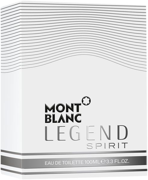 Emballage Montblanc Legend Spirit Eau de Toilette. Boîte blanche avec lignes et texte argentés.