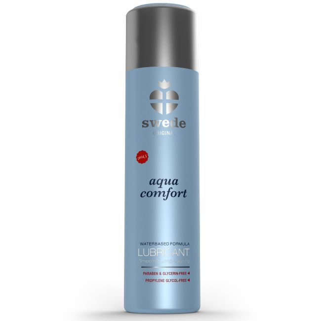 Flacon bleu clair avec bouchon argenté, inscription "swede origin aqua comfort" et "LUBRICANT". Formule à base d'eau, sans paraben, glycérine ni propylène glycol.