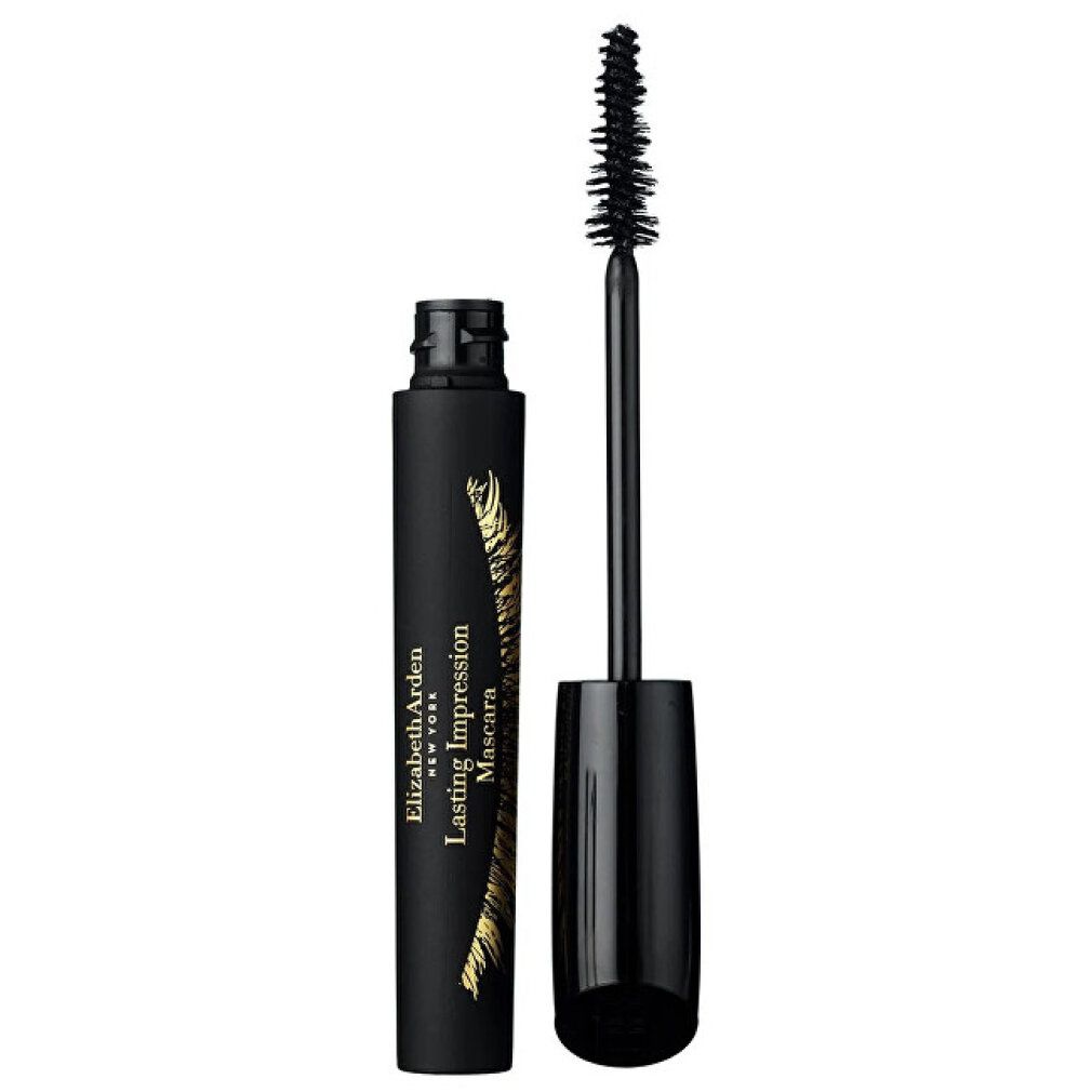 Zwarte mascara-tube met borstel. Opschrift: Elizabeth Arden, Lasting Impression Mascara.
