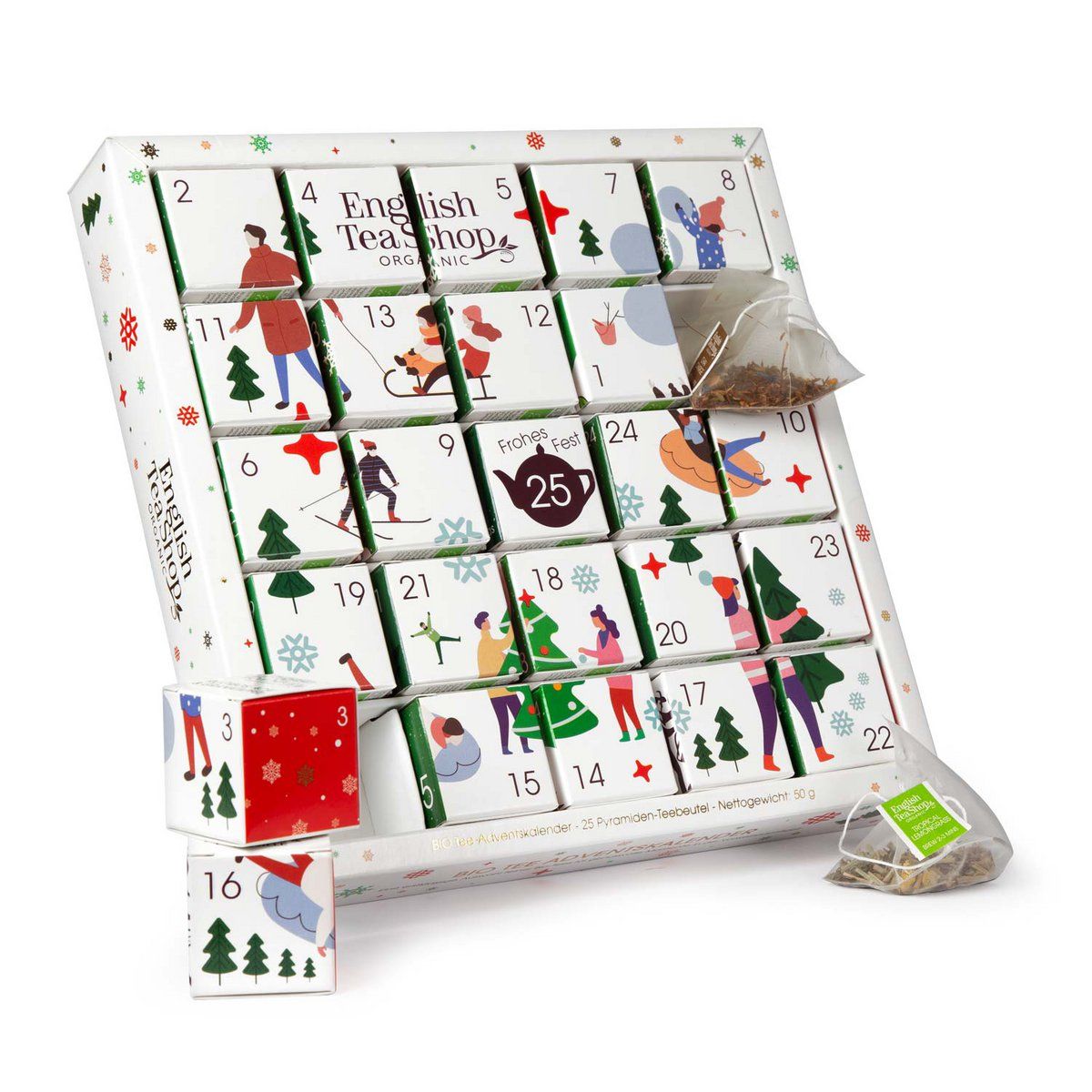 Adventskalender met geopende vakjes en theezakjes. English Tea Shop logo. 25 piramidezakjes. Wintermotieven.