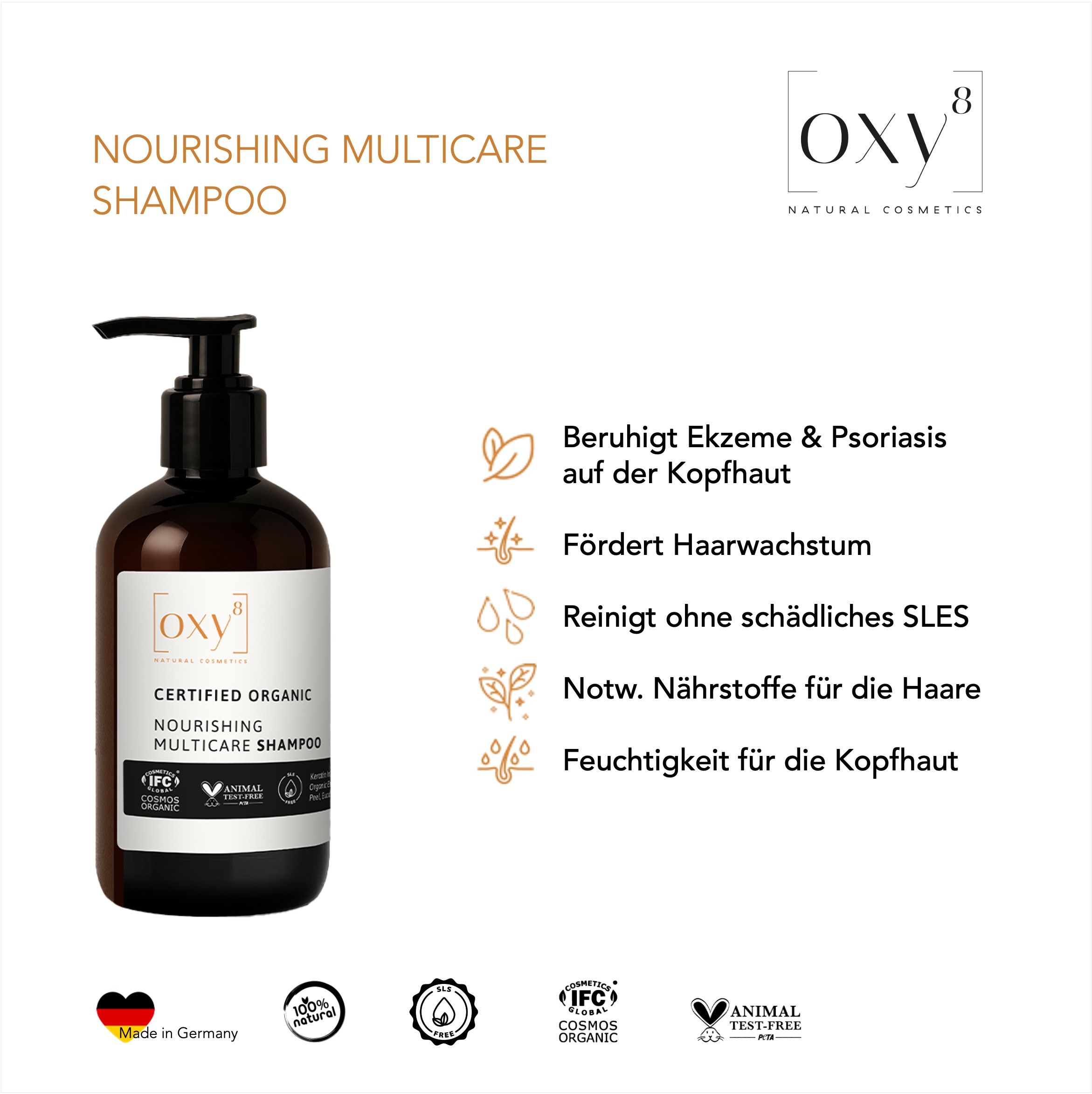 Bruine fles met pomp. OXY8 Nourishing Multicare Shampoo. Gecertificeerde biologische shampoo. Gebruiksinformatie.