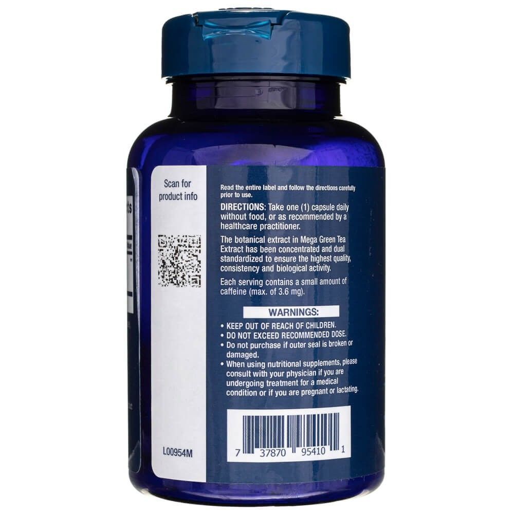 Arrière de la bouteille avec les instructions et avertissements pour Life Extension Mega Green Tea Extract décaféiné.