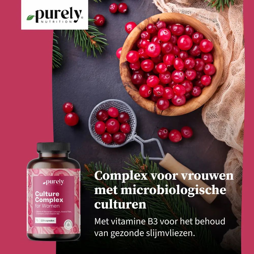 Fles met productlabel, veenbessen in kom en zeef. Tekst: Complex voor vrouwen met microbiologische culturen.