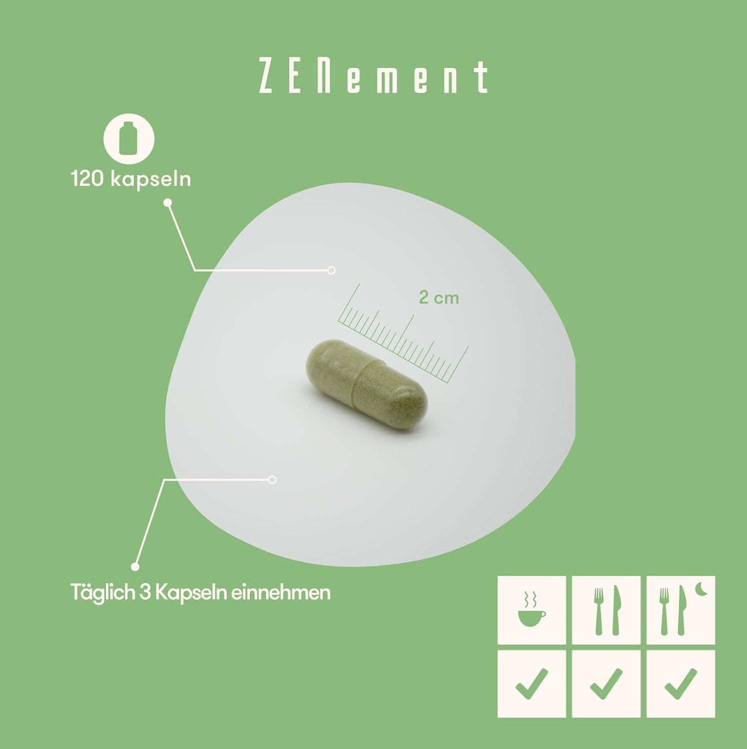 Een groene capsule op witte achtergrond. Daarnaast: 120 capsules, 2 cm schaal, en inname-instructies: 3 capsules per dag.