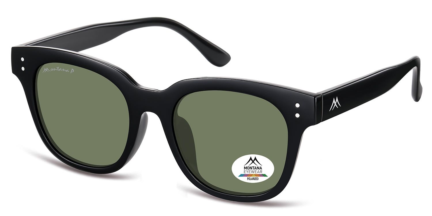 Zwarte zonnebril met groene glazen. Montana Eyewear logo en Polarized sticker. Vierkante vorm, dik montuur.