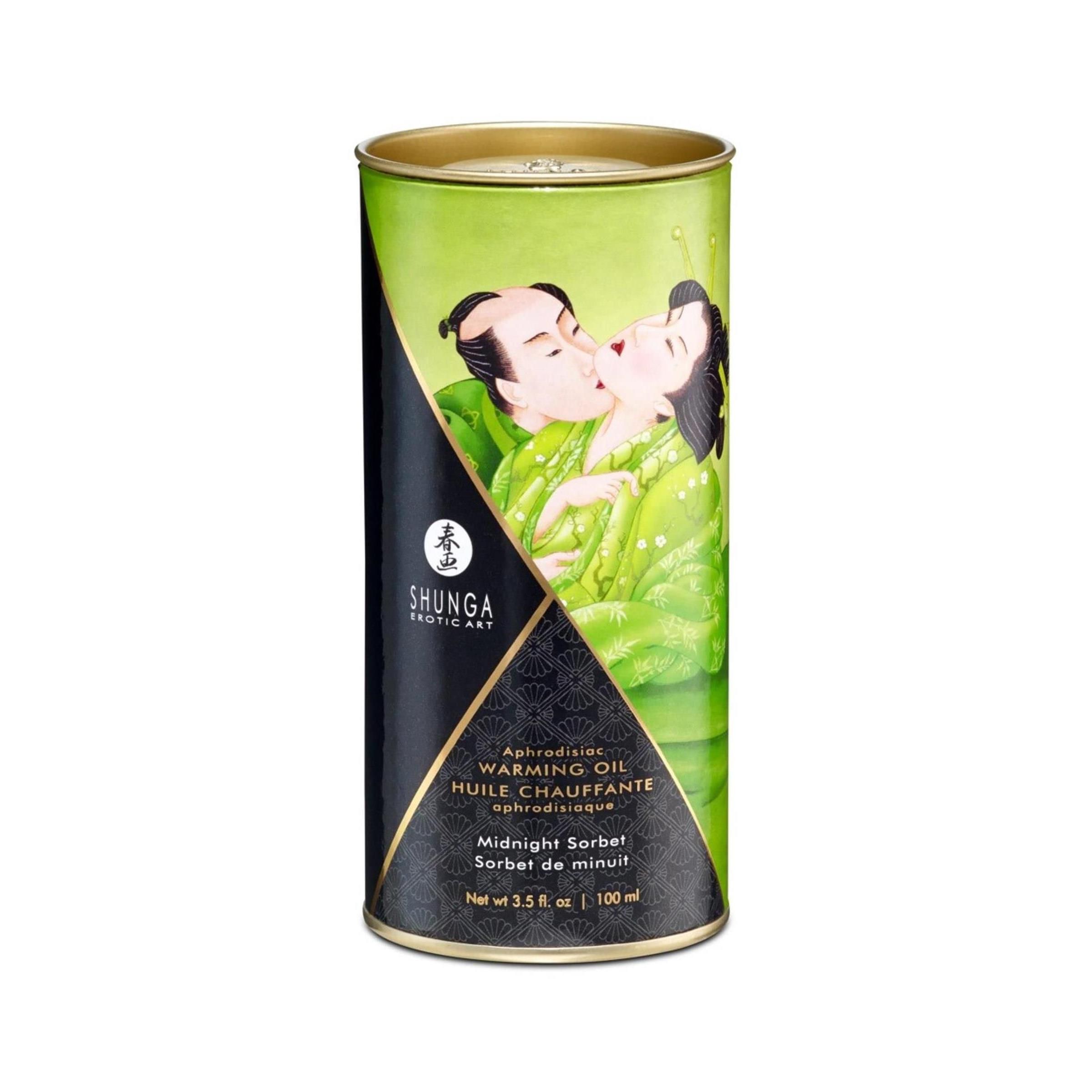 Boîte cylindrique avec étiquette. Illustration d'un couple s'embrassant. Inscription : Shunga, Warming Oil, Midnight Sorbet.
