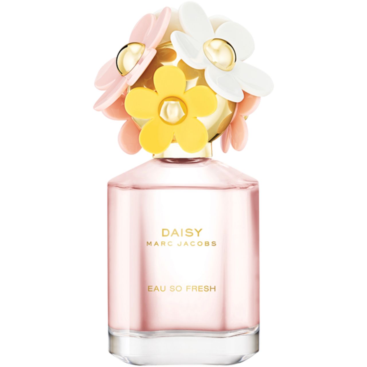 Flacon de parfum avec liquide rose. Le bouchon est orné de fleurs jaunes, roses et blanches. Le flacon porte l'inscription "DAISY EAU SO FRESH".