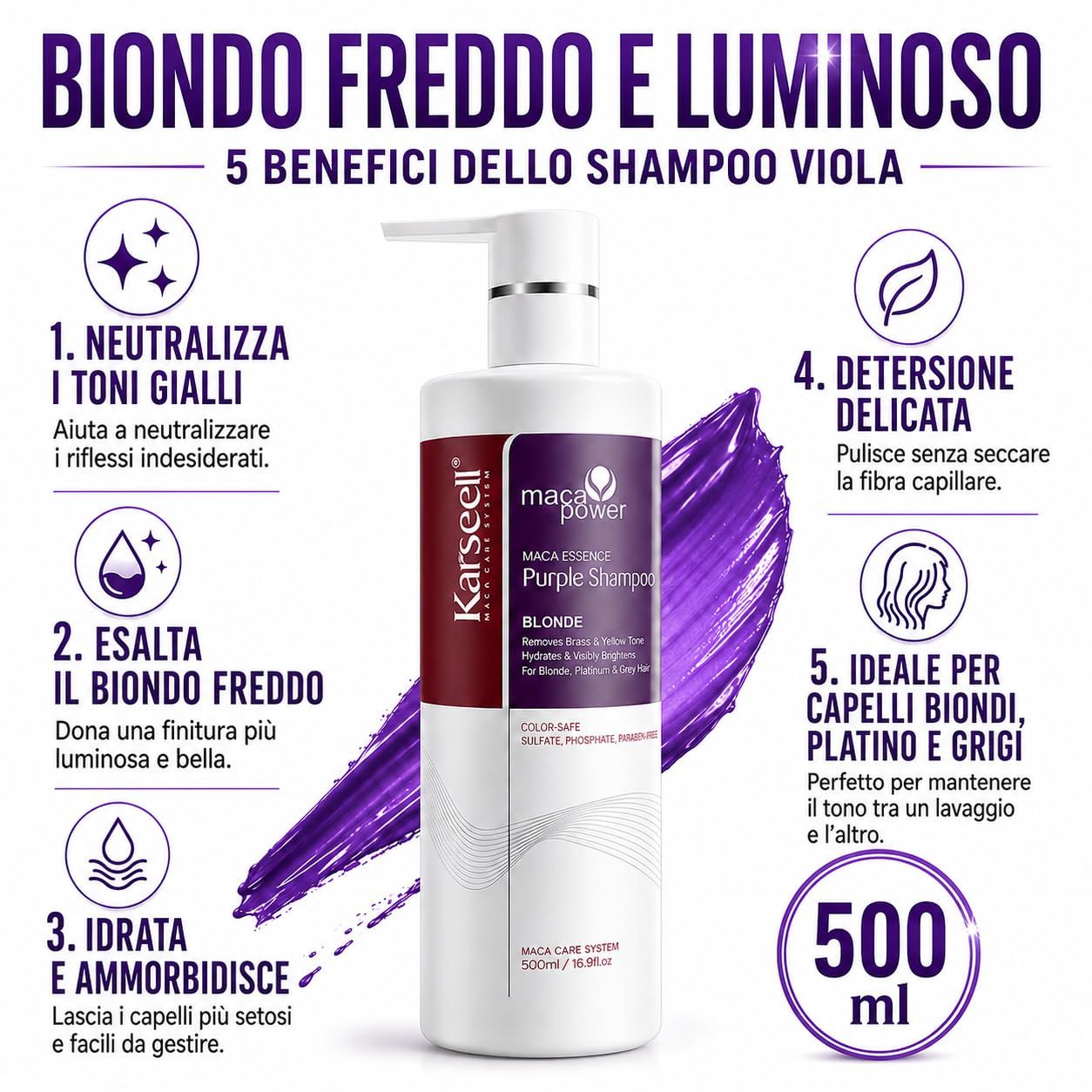KARSEELL Shampooing Violet Anti-jaunissement pour Cheveux Blonds et Gris