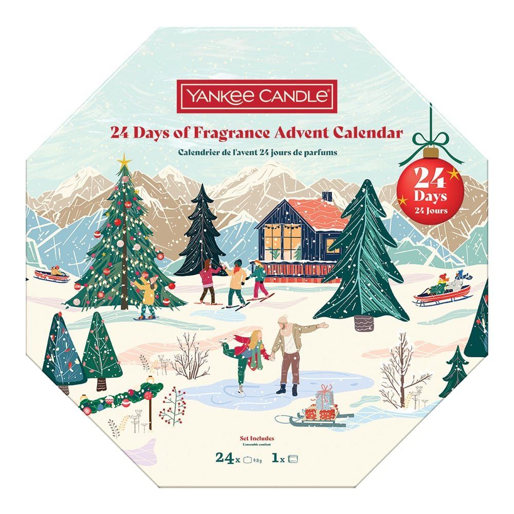 Yankee Candle adventskalender. Achthoekige verpakking met winterlandschap. 24 theelichtjes. Opschrift: Yankee Candle.