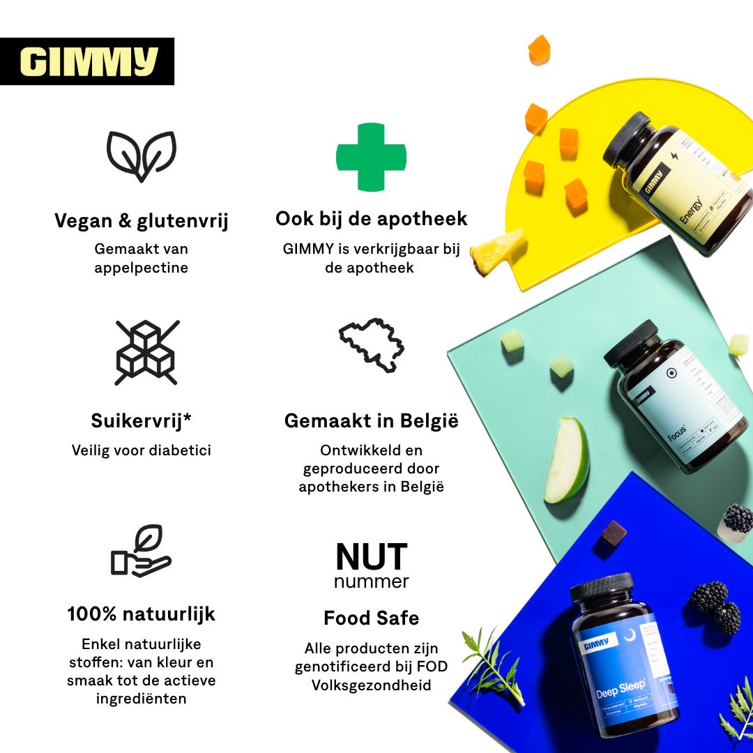 Infographie avec logos et textes. Végétalien, sans gluten, sans sucre, 100% naturel, fabriqué en Belgique, Food Safe.