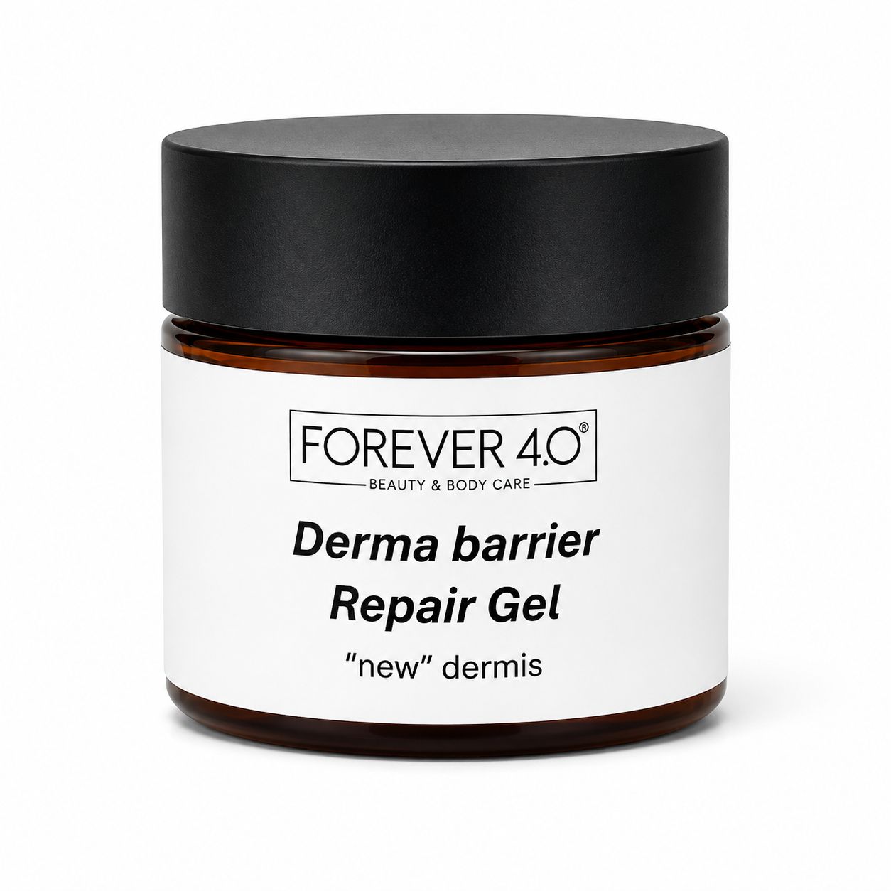 Crème en pot de verre brun avec couvercle noir. Étiquette blanche "FOREVER 4.0 BEAUTY & BODY CARE Derma barrier Repair Gel "new" dermis".