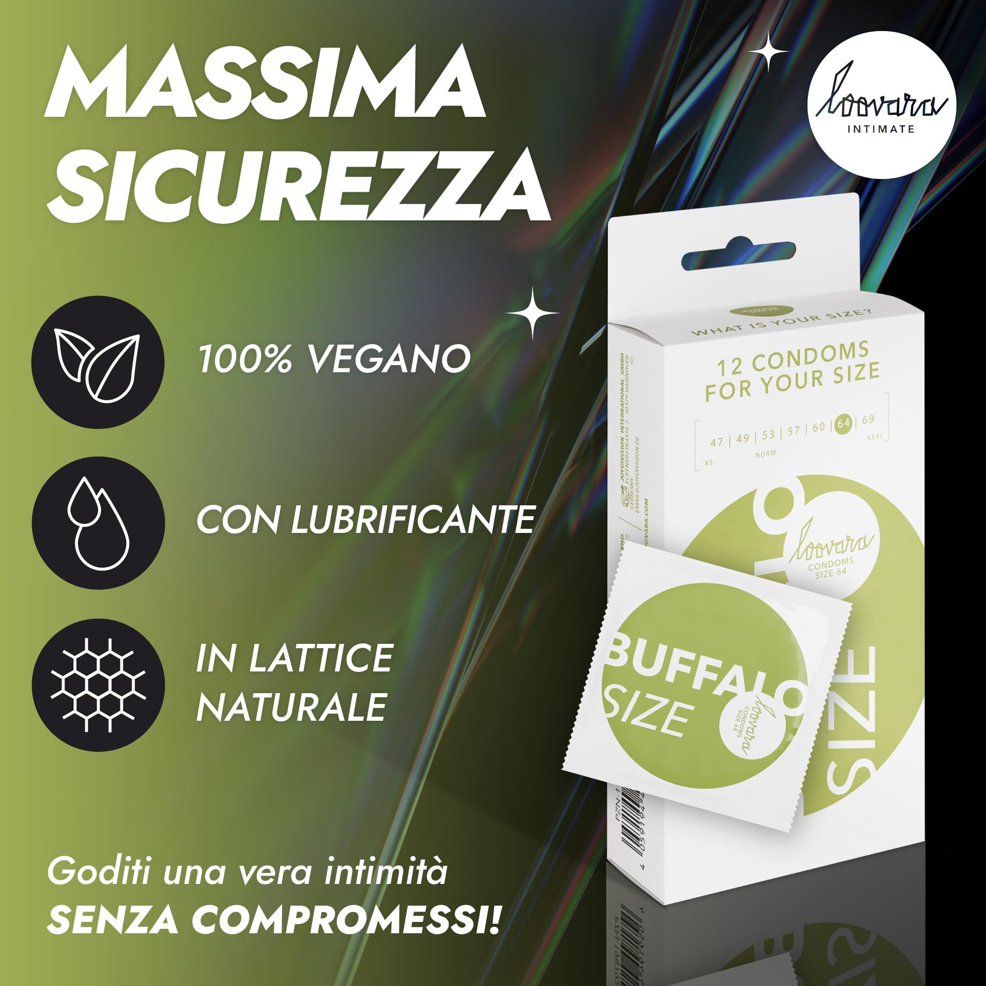 Emballage préservatifs Loovara Buffalo XXL, 12 pièces. Icônes vegan, lubrifiant, latex naturel.