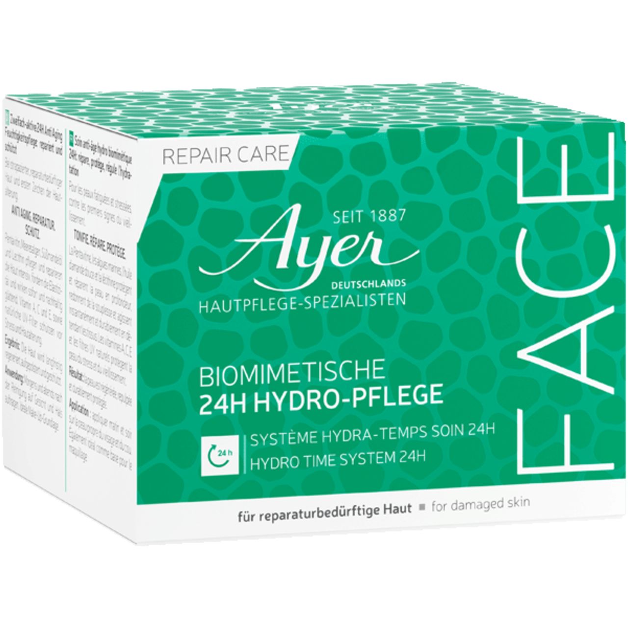 Groene doos met witte tekst. Opschrift: Ayer, 24h Hydro-Pflege. Gezichtsverzorging. Tekst in het Duits en Engels.