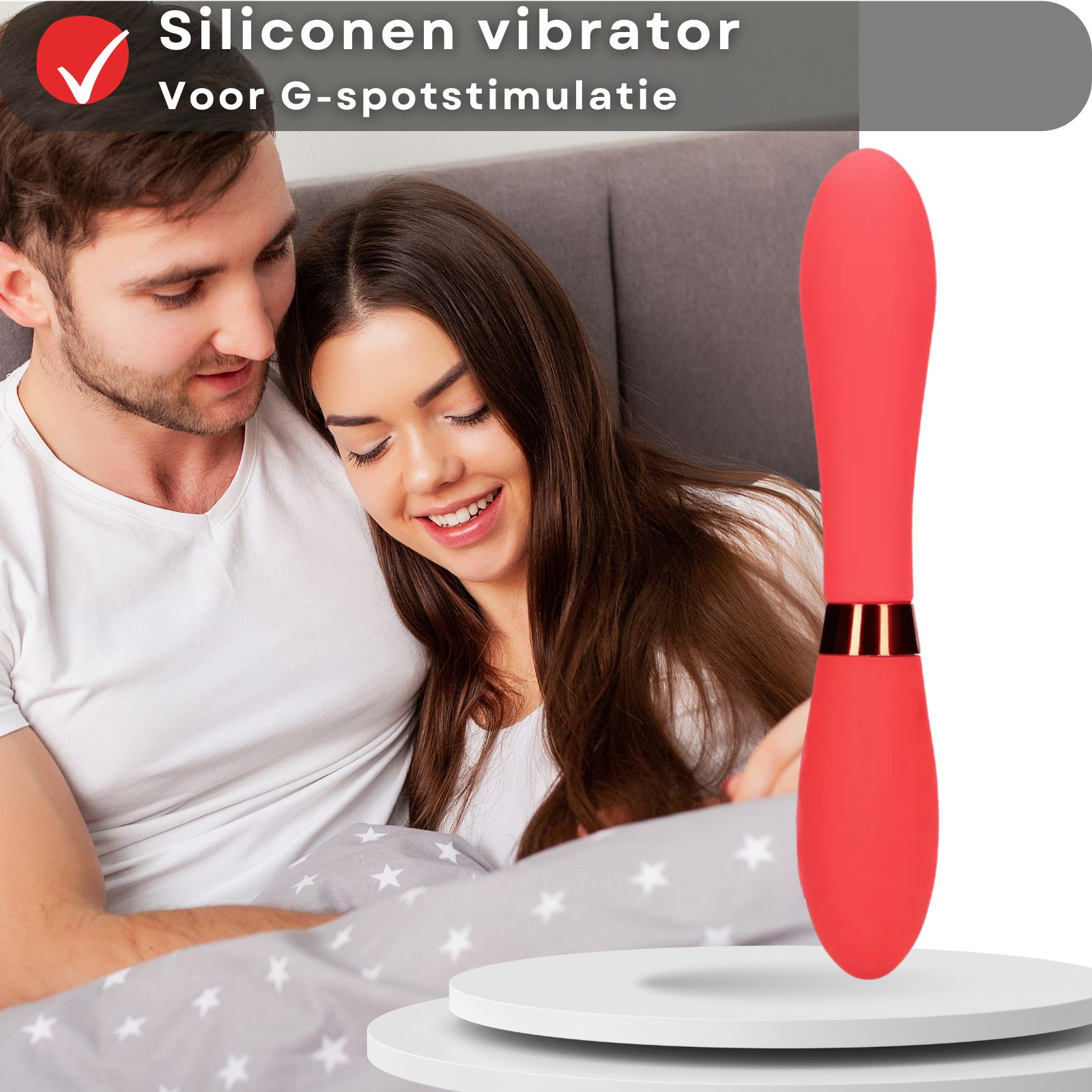 Vibrateur rouge au premier plan, couple en arrière-plan. Texte : Vibrateur en silicone, pour stimulation point G.