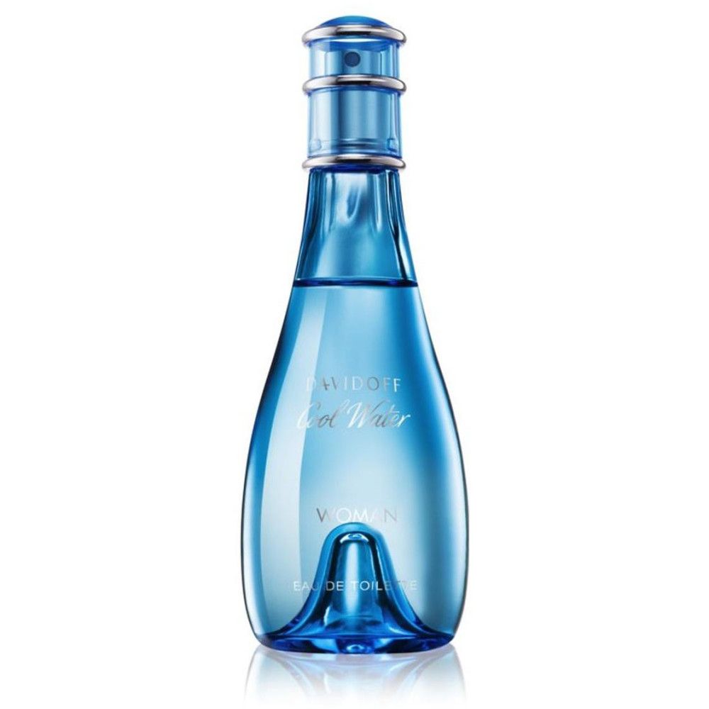 Blauwe parfumfles. Opschrift: DAVIDOFF Cool Water WOMAN. Fles met verstuiver.