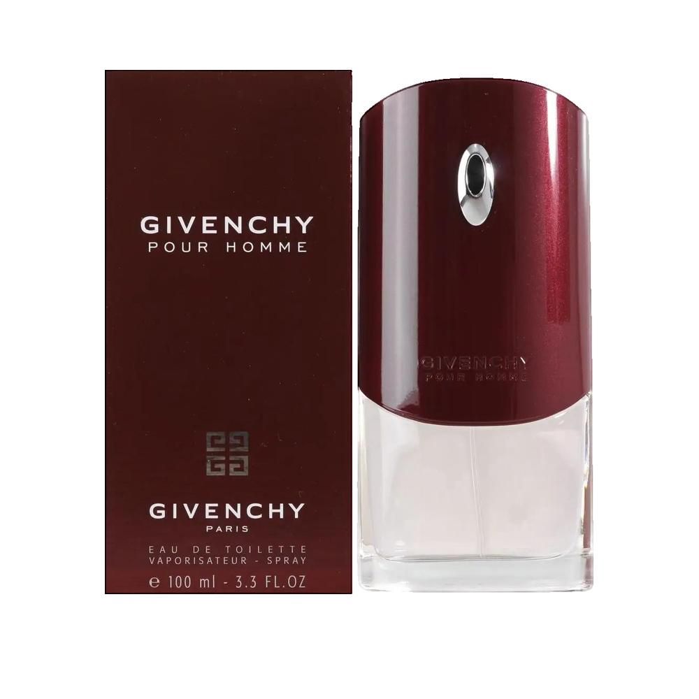 Givenchy Pour Homme Eau de Toilette. Rode flacon en verpakking. Logo en tekst Givenchy.