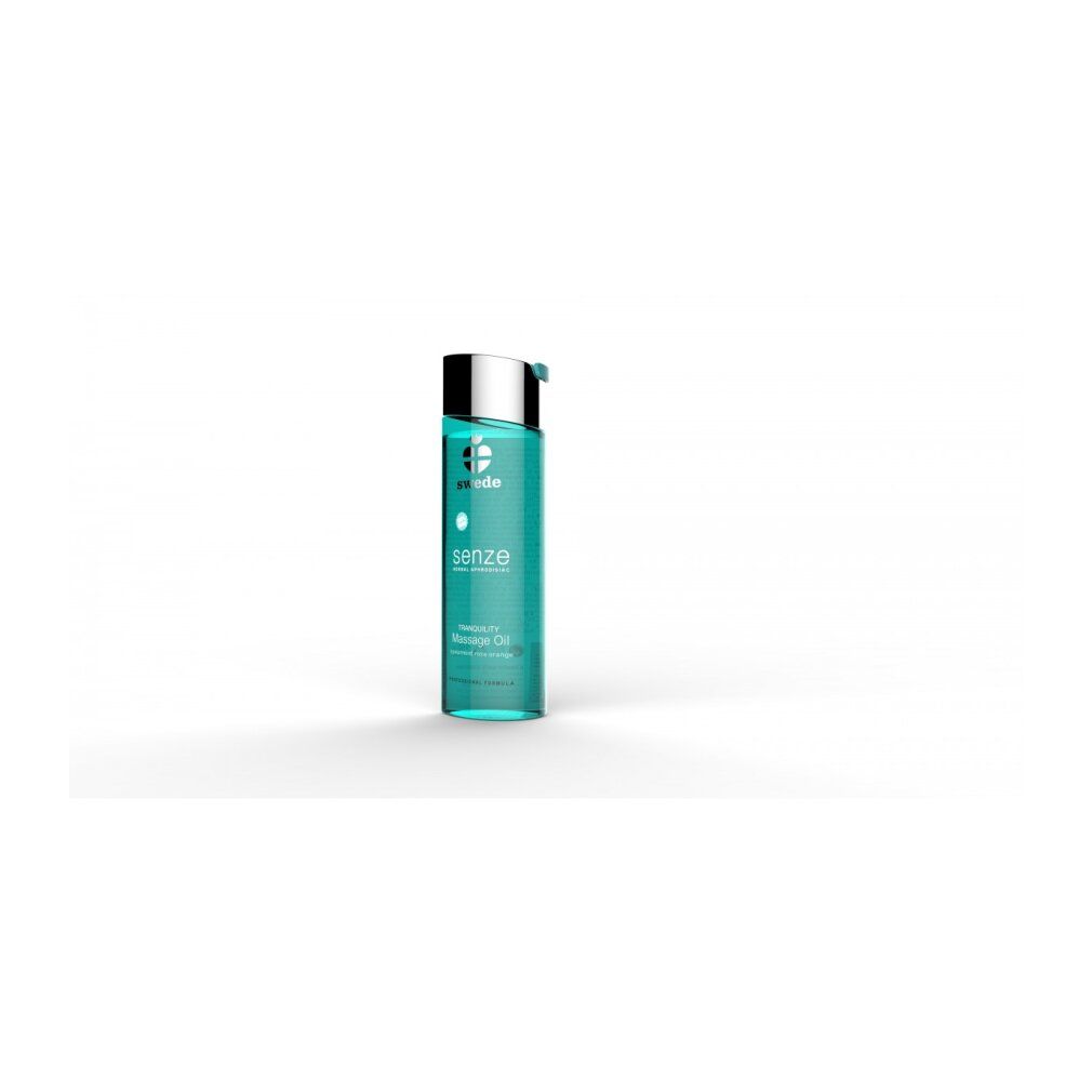 Bouteille d'huile de massage Swede Senze avec bouchon argenté. Liquide turquoise, étiquette avec informations produit.