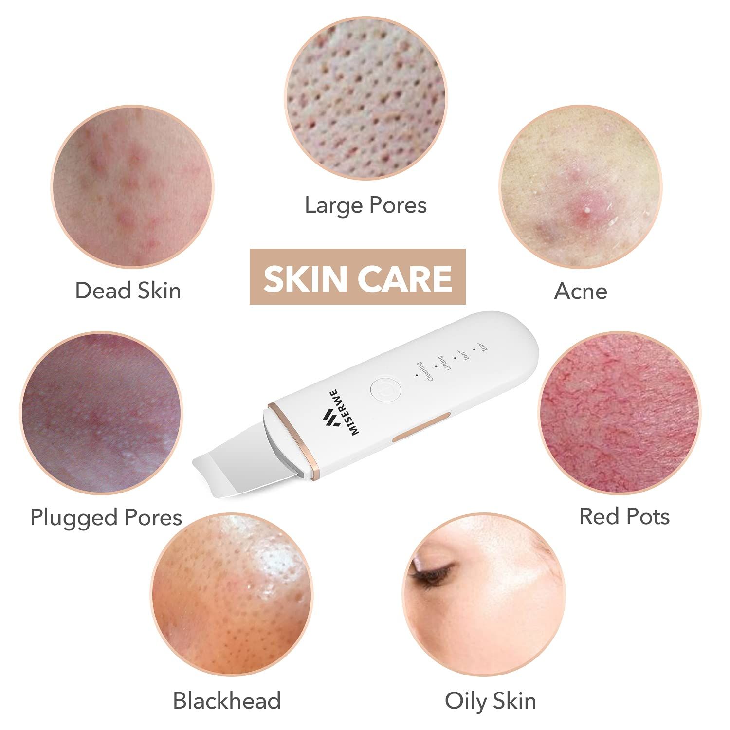 Appareil de soin de la peau blanc avec spatule métallique. Marque : MISERWE. Entouré d'images de problèmes de peau : pores dilatés, acné, points noirs, etc.