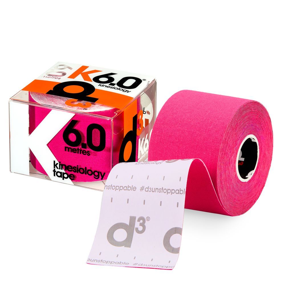 Roze kinesiologie tape 6.0 meter in doorzichtige verpakking met opdruk 'K6.0'.