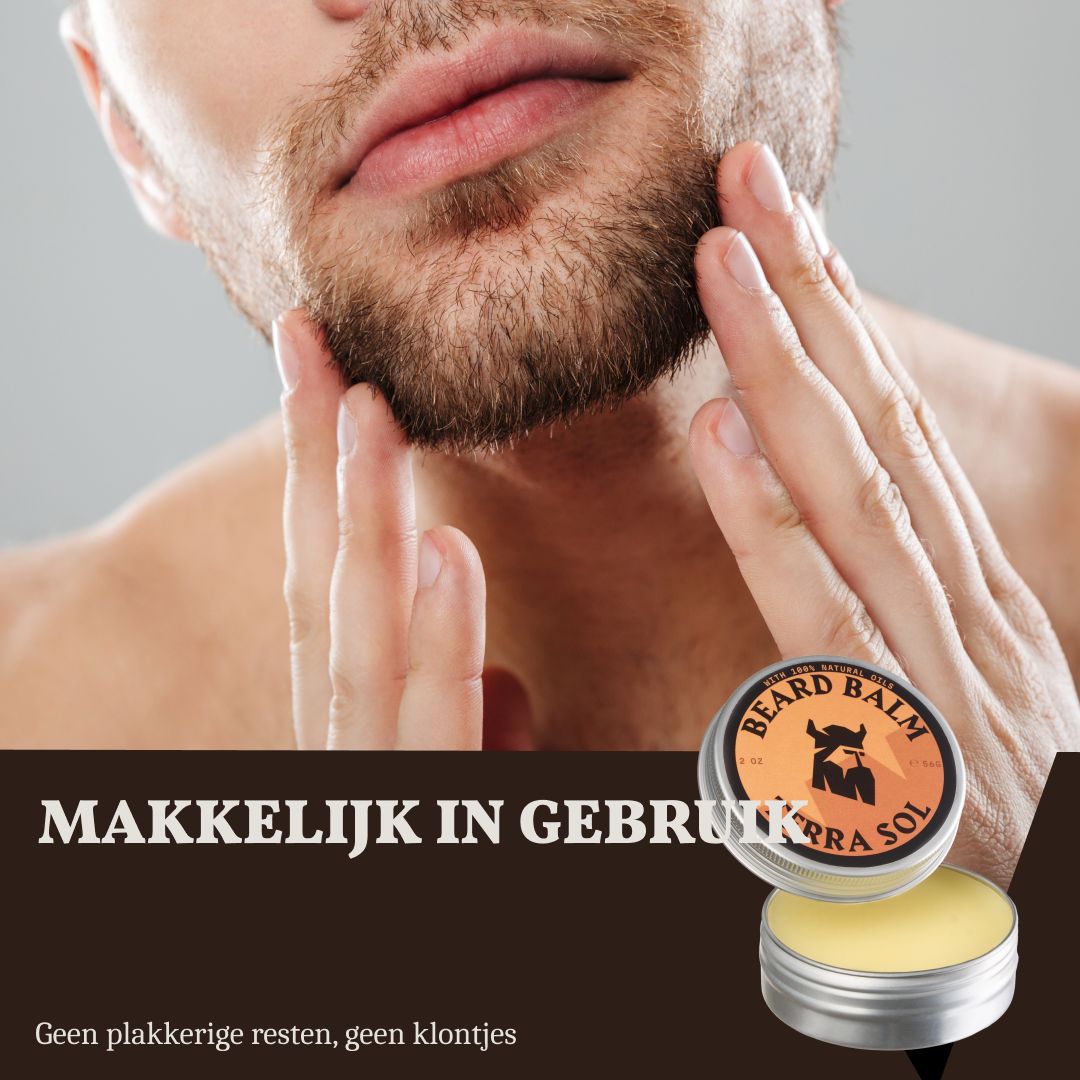 Man brengt baardbalsem aan. Blikje Terra Sol ernaast. Tekst: Makkelijk in gebruik.