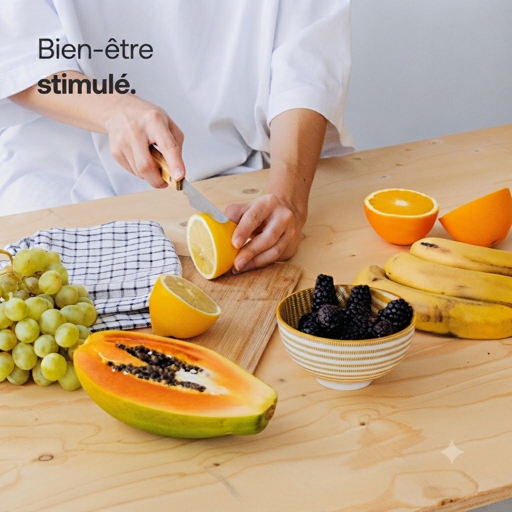 Fruits frais comme raisins, baies, bananes, citron et orange sur une table en bois.