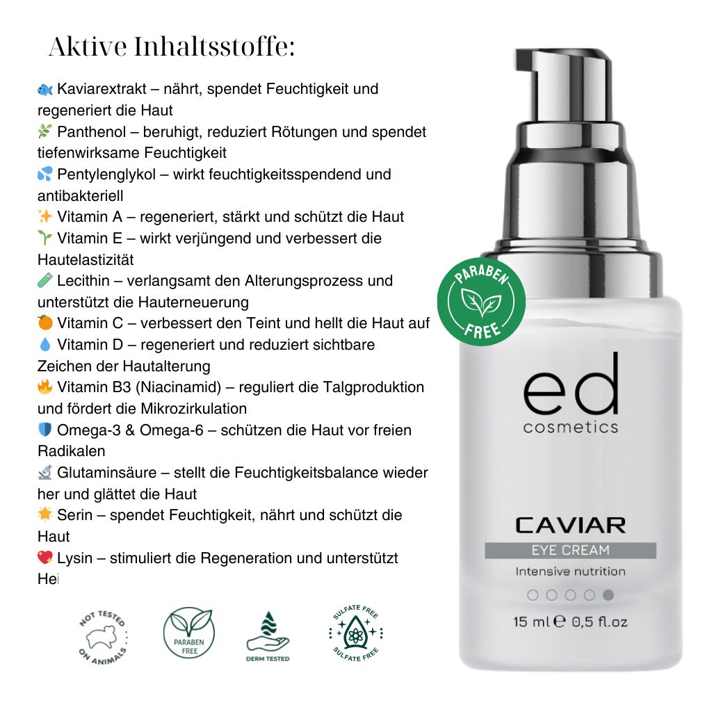 Flacon de crème pour les yeux avec pompe argentée. Texte: ED cosmetics, Caviar Eye Cream, 15 ml. Logos verts.