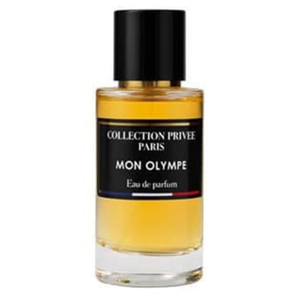 Parfumfles met zwarte dop. Zwart etiket met witte tekst: Collection Privée Paris, Mon Olympe, Eau de parfum. Franse vlag.