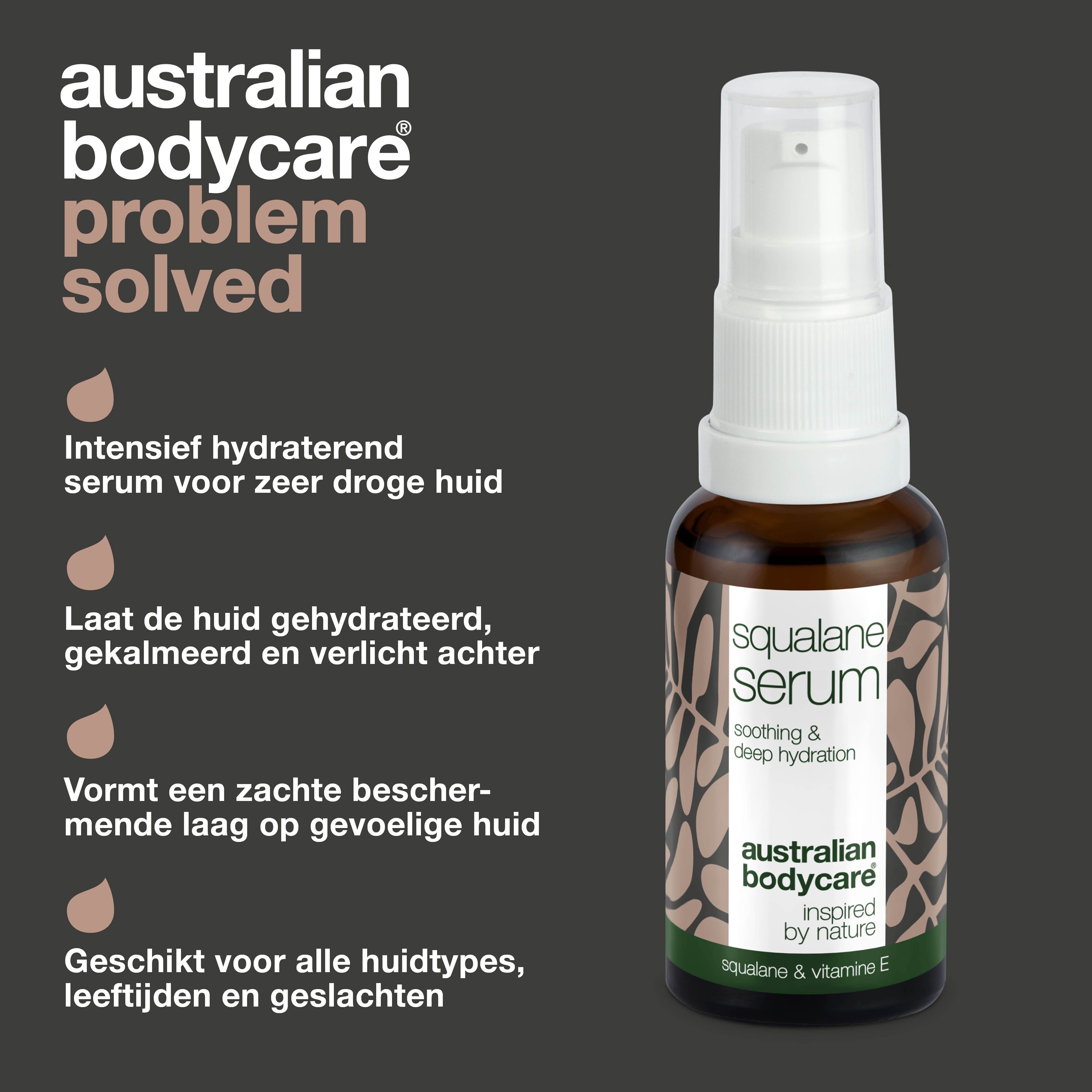 Serumfles. Tekst: intensief hydraterend, kalmeert, zachte beschermlaag. Australian Bodycare.
