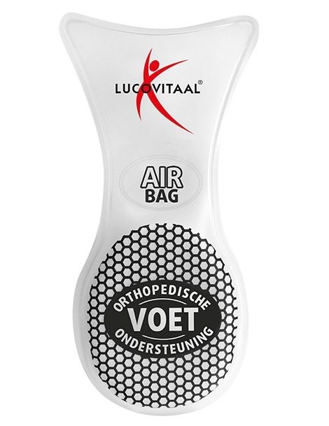 Support de pied orthopédique. Produit blanc avec motif en nid d'abeille noir. Marque : Lucovitaal. Texte : Air Bag, Orthopedische Voet Ondersteuning.