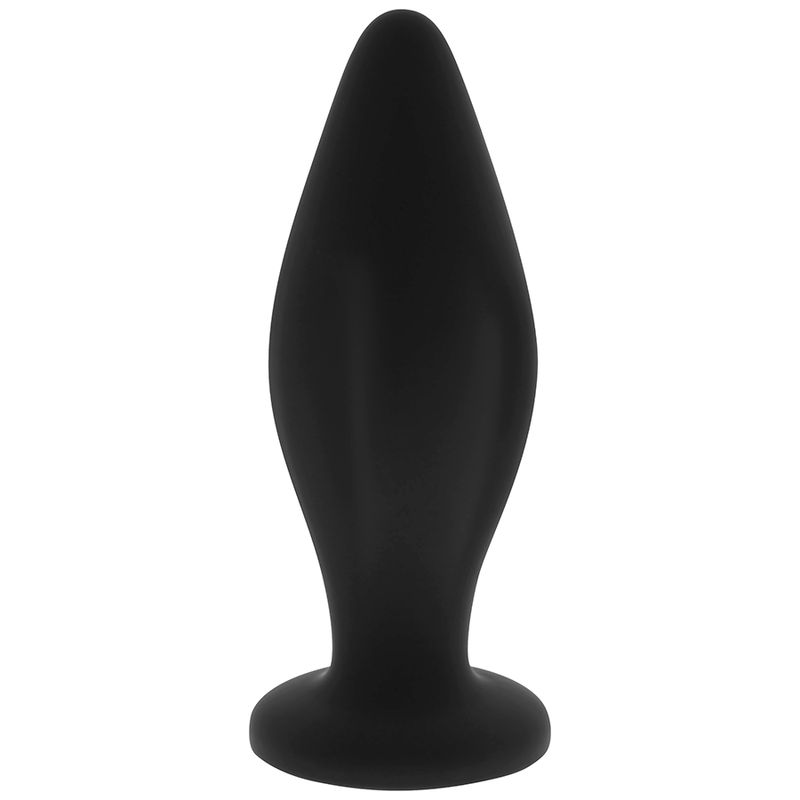 Bouchon anal en silicone noir avec une base plate et une forme effilée.