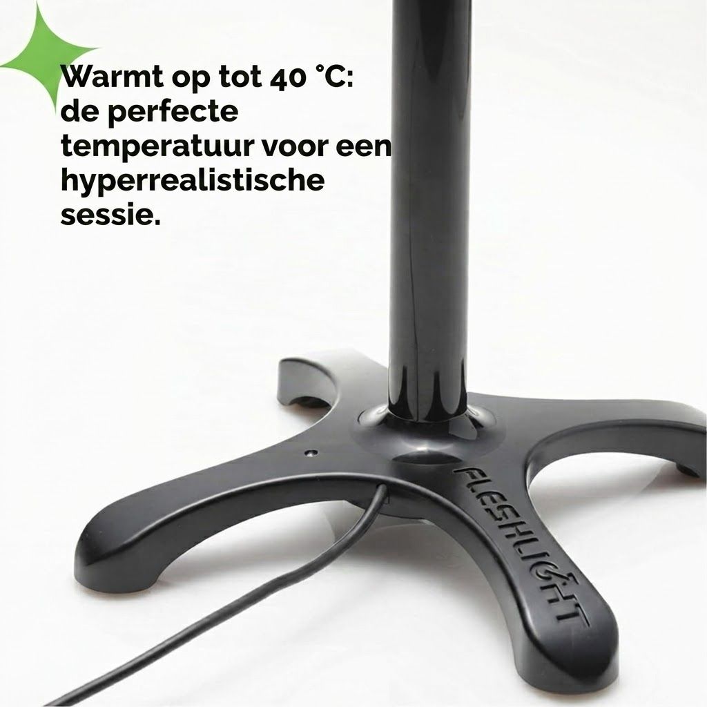 Zwarte standaardvoet met vier uitlopers en de tekst 'Fleshlight'. Een kabel komt uit het midden.