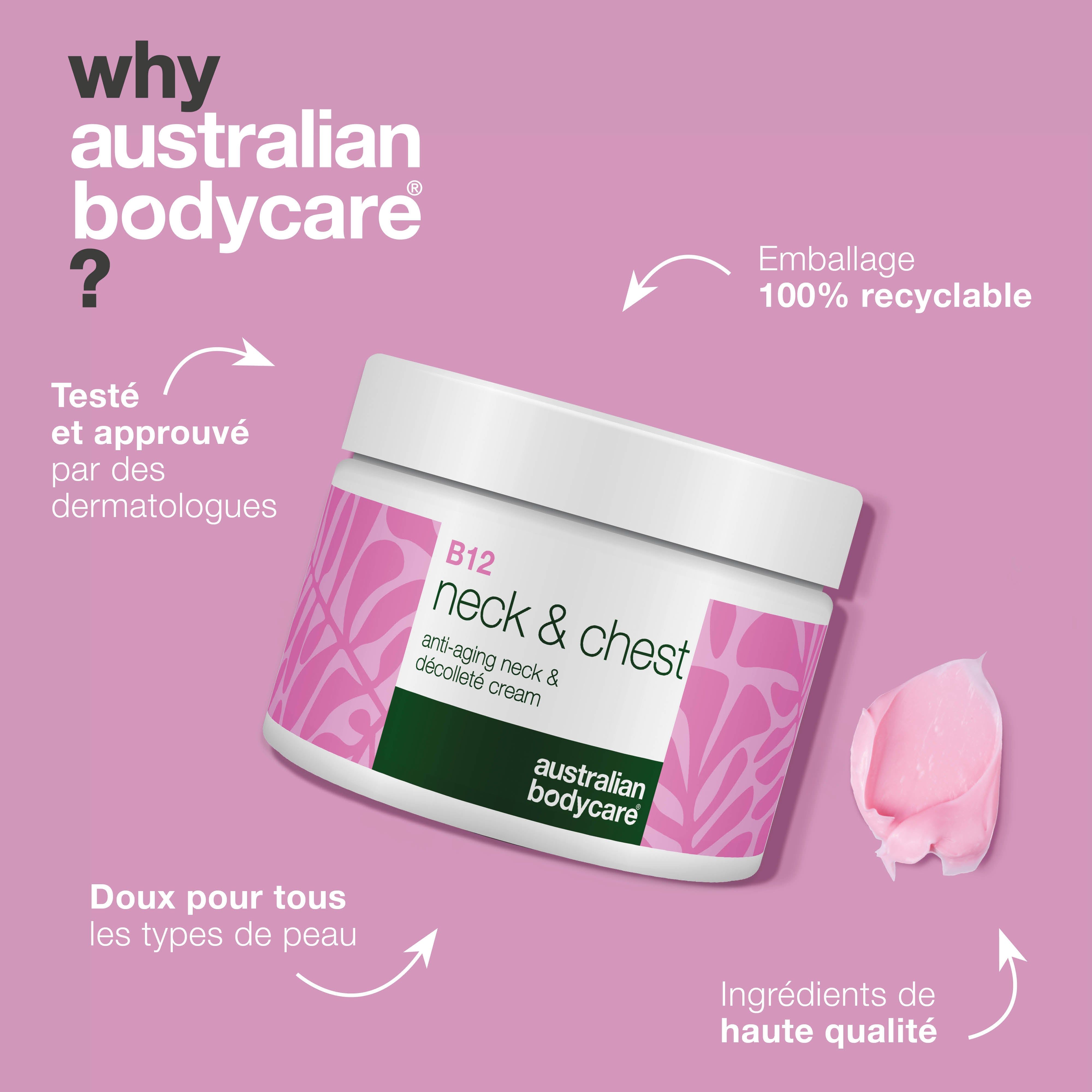 Pot de crème avec texte. Texte : testé dermatologiquement, emballage 100% recyclable. Australian Bodycare.
