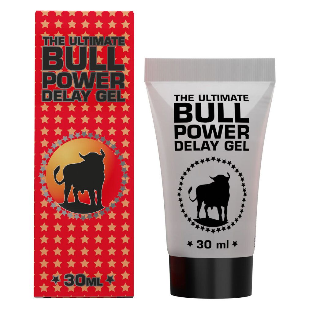 Tube et boîte avec nom du produit et logo taureau. Texte: The Ultimate Bull Power Delay Gel. 30 ml. Bouchon gris.