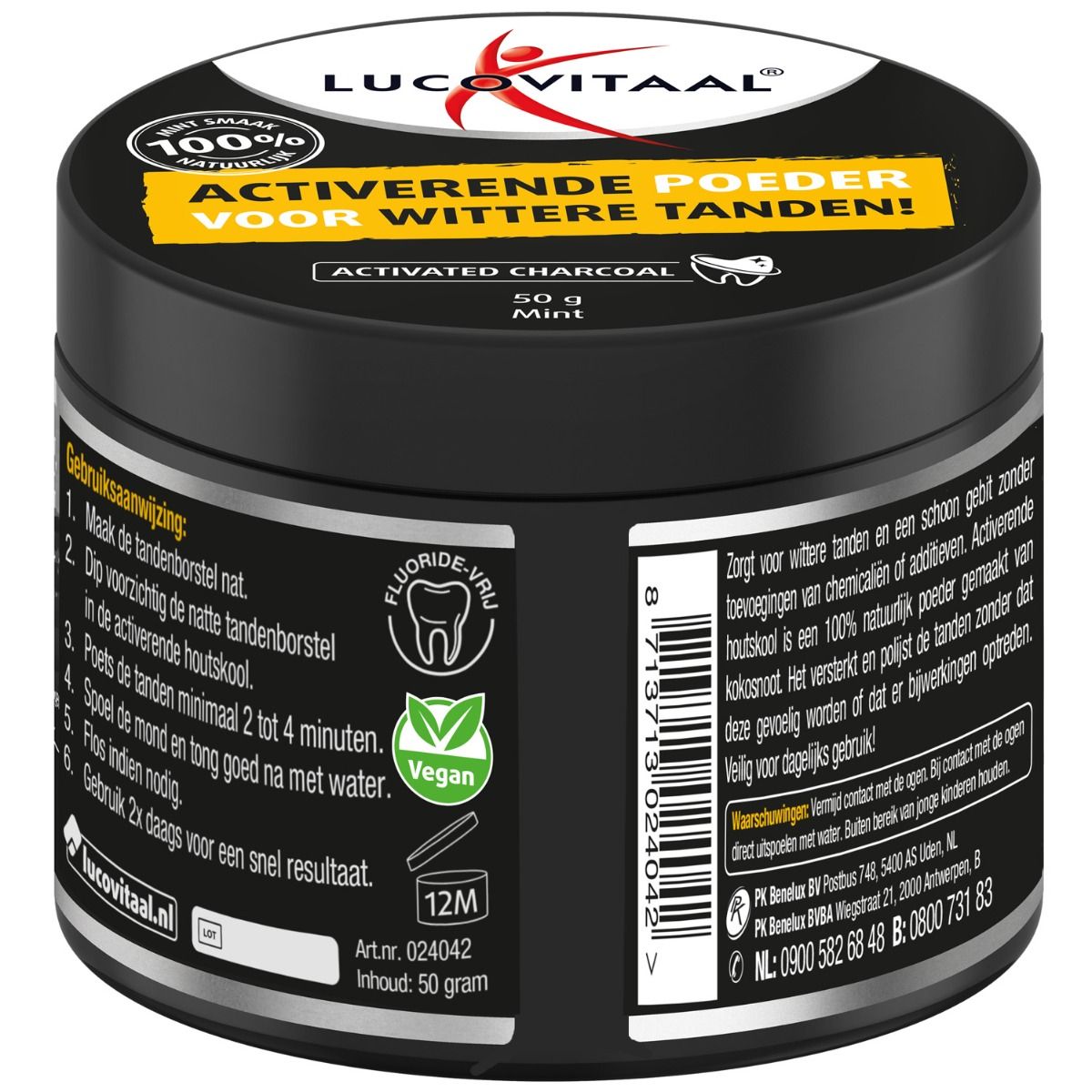 Pot noir avec "Activated Charcoal" et logo "Lucovitaal". Dos avec texte et logos. Vegan et sans fluor.
