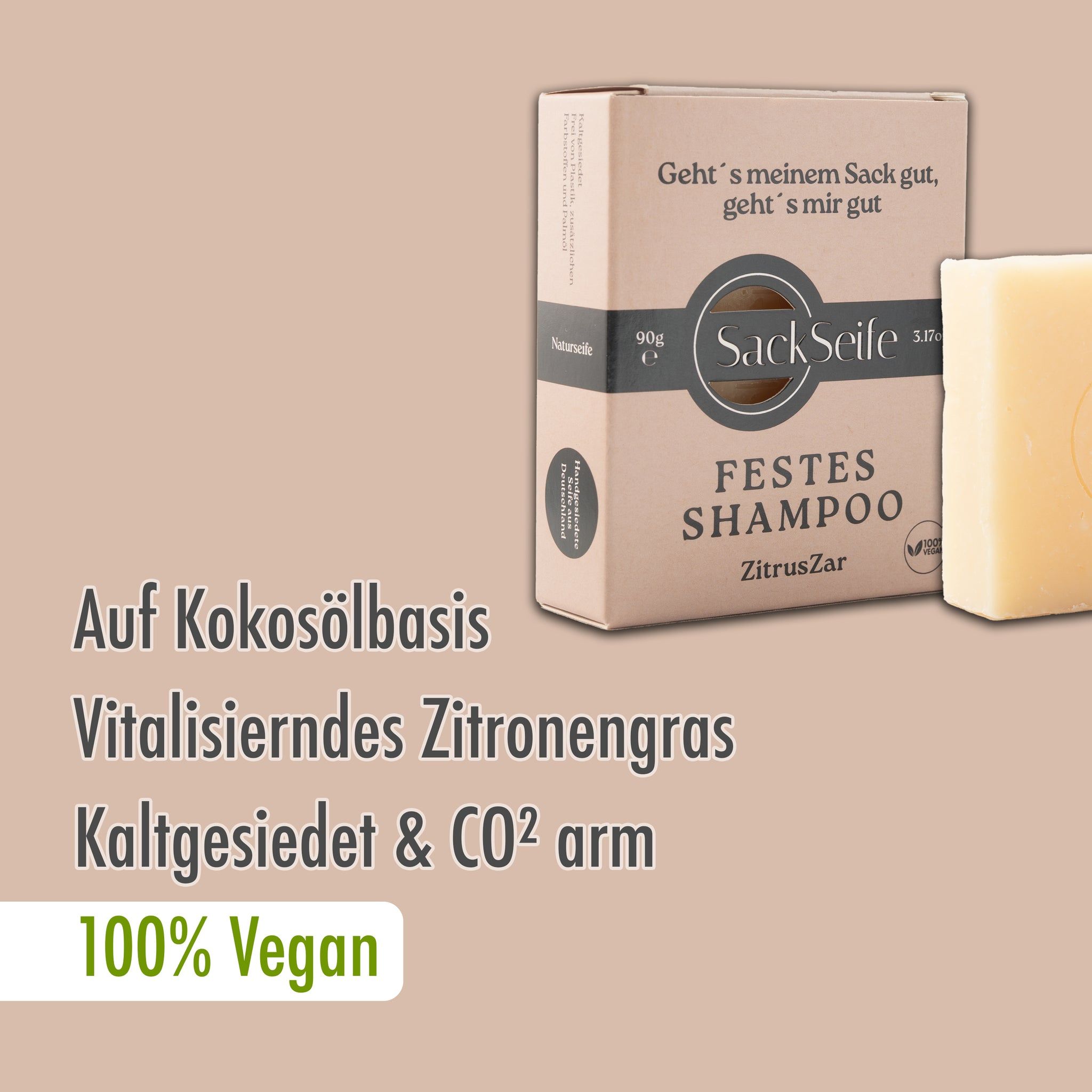 Emballage et morceau de shampooing. Inscription: SackSeife, Shampooing solide ZitrusZar. Texte: À base d'huile de coco, 100% Vegan.