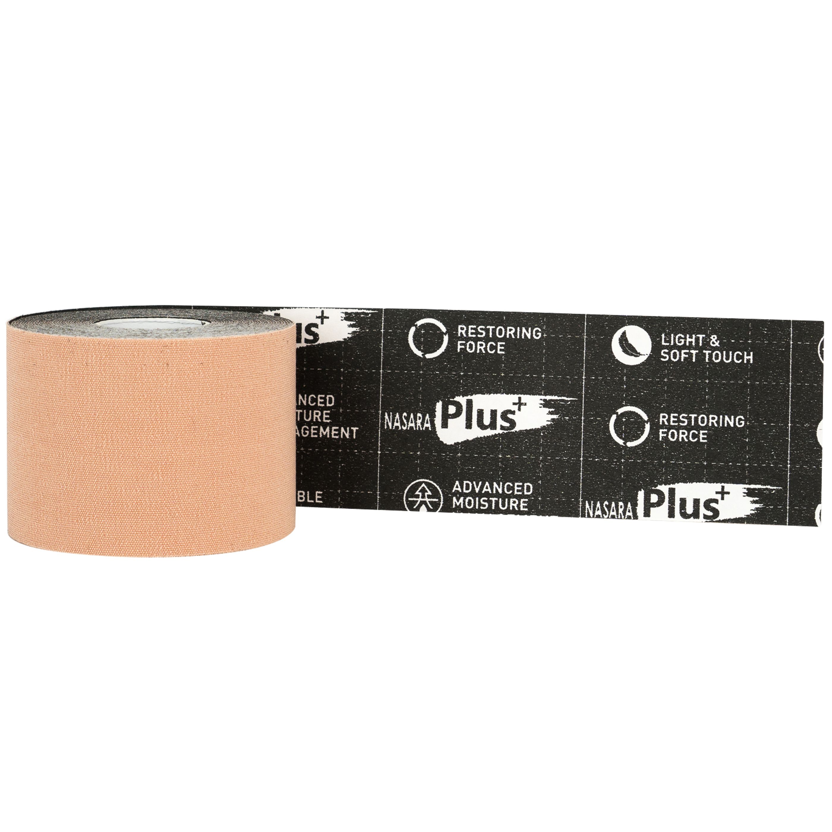 Rouleau de NASARA Kinesio Tape beige. Inscription sur l'emballage: NASARA Plus, caractéristiques. Emballage noir avec texte blanc.