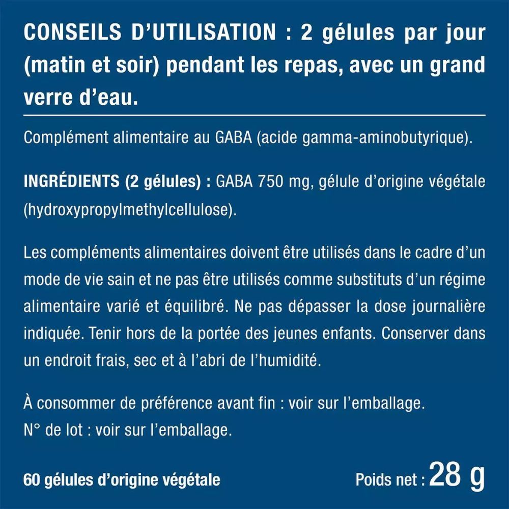 Instructions : 2 gélules par jour avec de l'eau. Ingrédients : GABA 750 mg. 60 gélules.