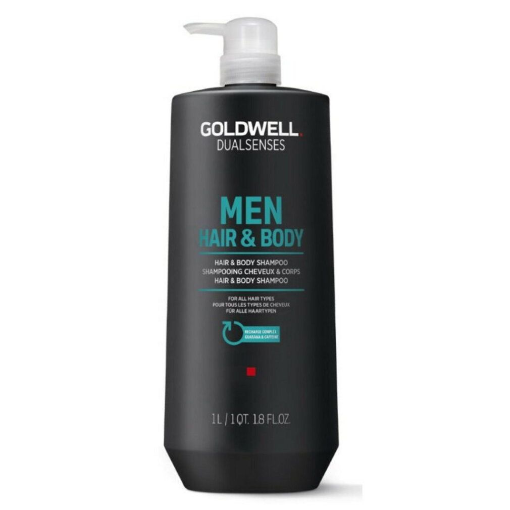 Zwarte fles met witte pompdos voor Goldwell Dualsenses Men Hair & Body Shampoo, 1L.