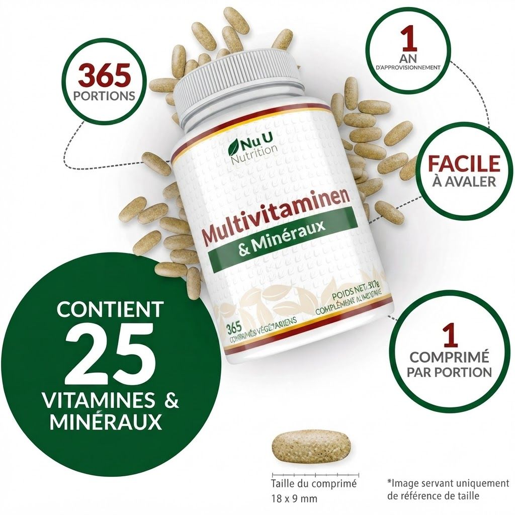 Flacon Multivitamines & Minéraux Nu U Nutrition, 365 portions, 25 vitamines et minéraux.