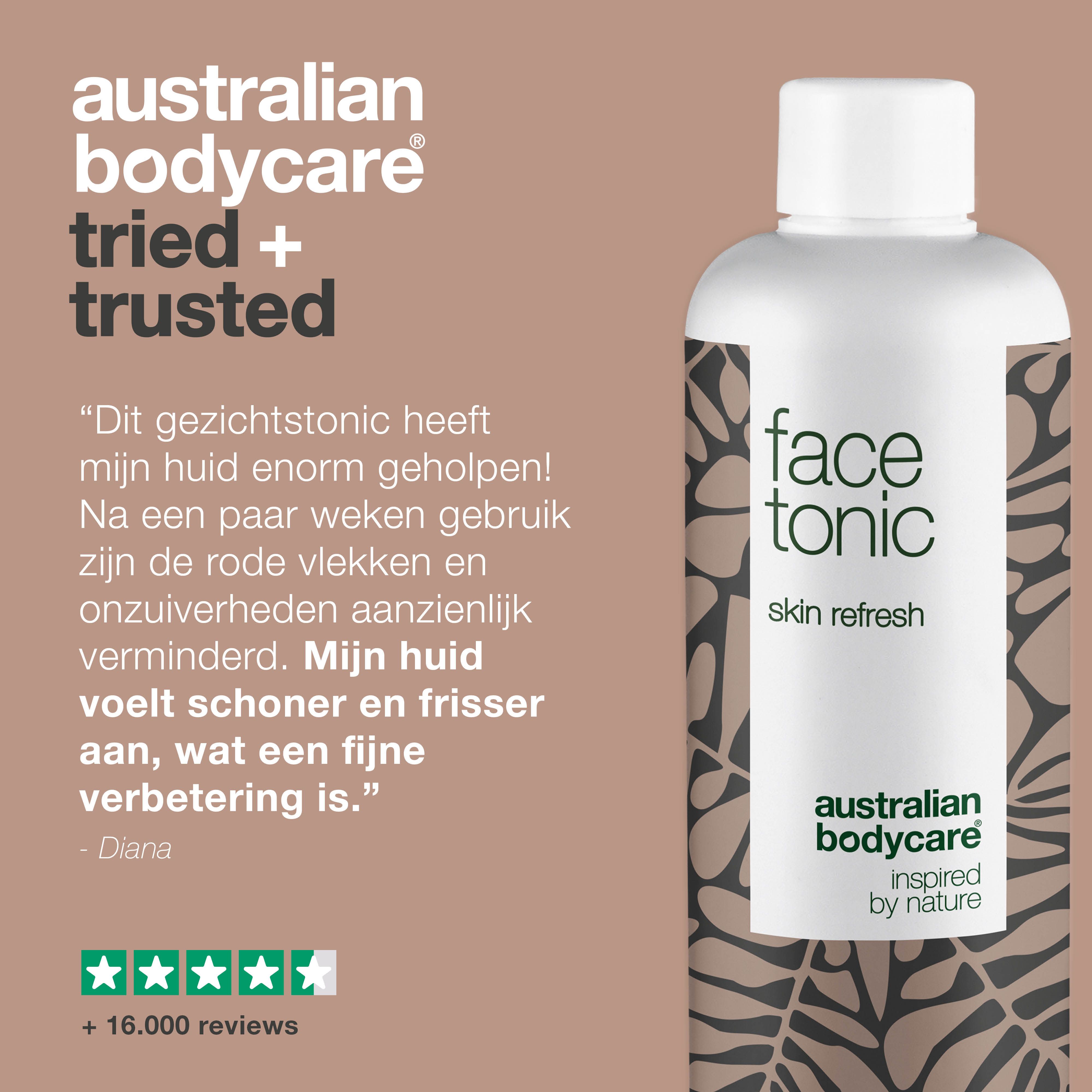 Fles "face tonic" van Australian Bodycare. Citaat: "Gamechanger voor mijn huid". 5 sterren beoordeling. +16.000 beoordelingen.