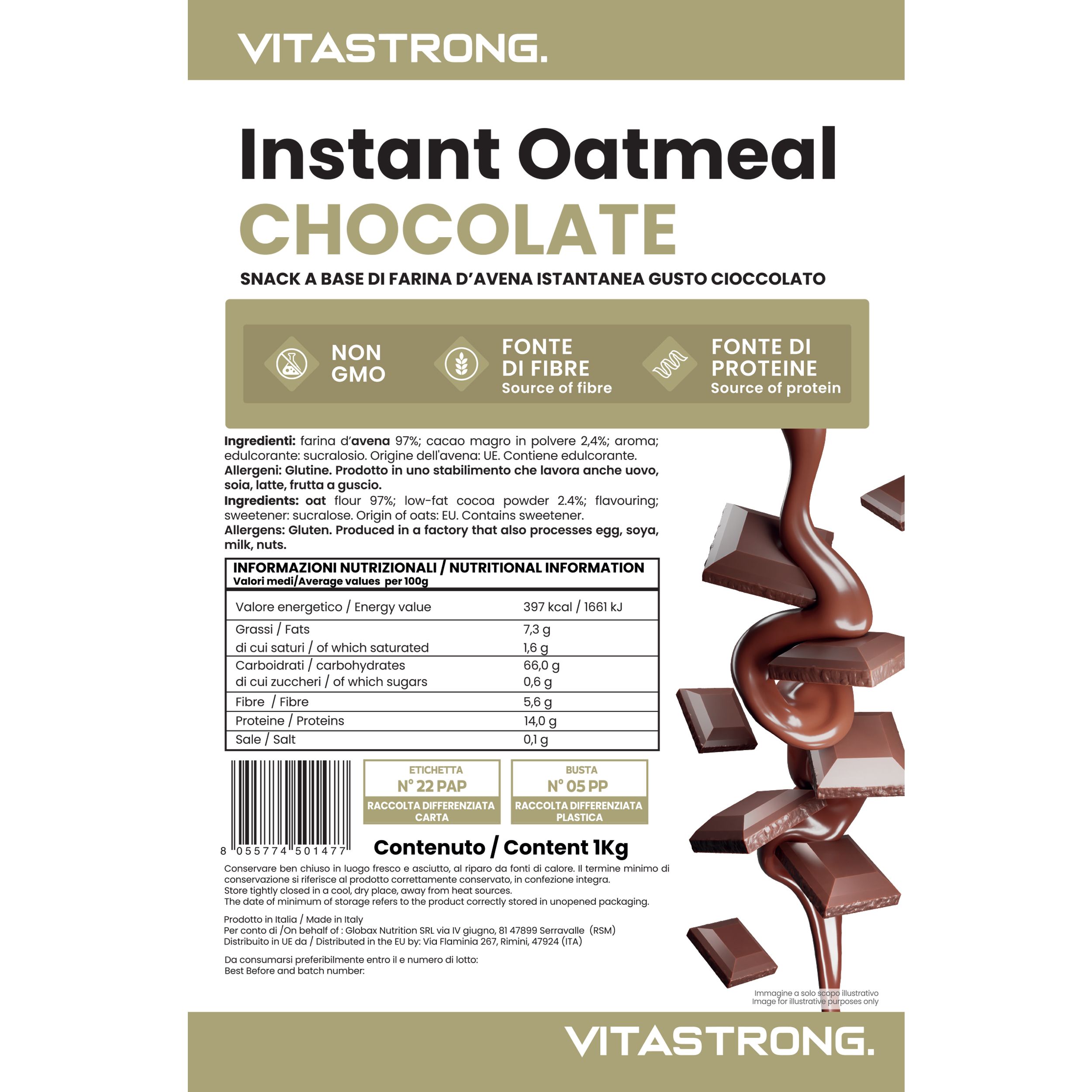 Verpakking van Vitastrong Instant Oatmeal Choco. Ingrediënten, voedingswaarde. Non-GMO, bron van vezels, bron van eiwitten. 1 kg.