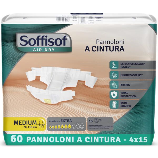 Paquet de Soffisof, protection contre l'incontinence avec ceinture, Extra, Medium, 60 pièces. Design vert et blanc.