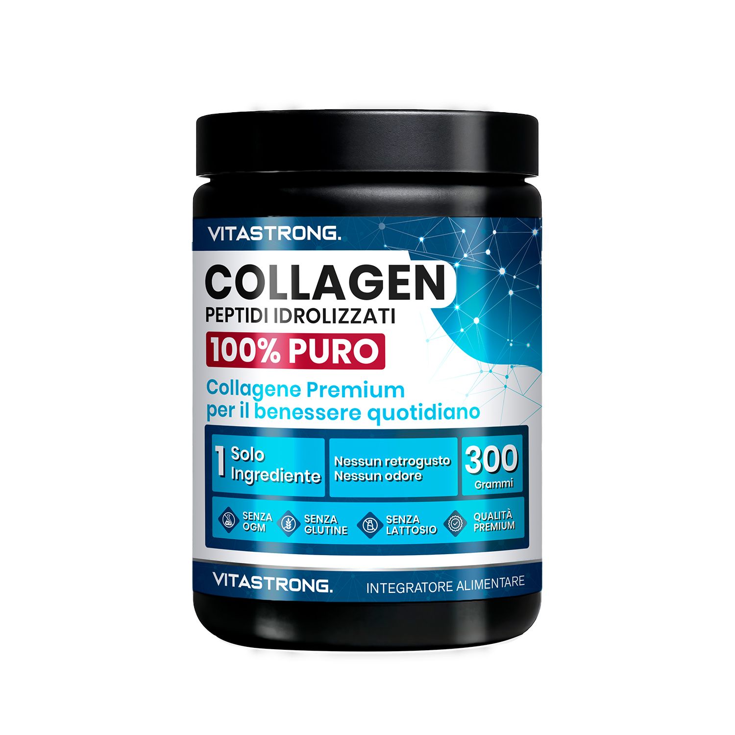 Pot de Collagène Vitastrong. Texte: Peptides, 100% pur, sans goût, sans odeur, sans gluten, lactose ou soja.