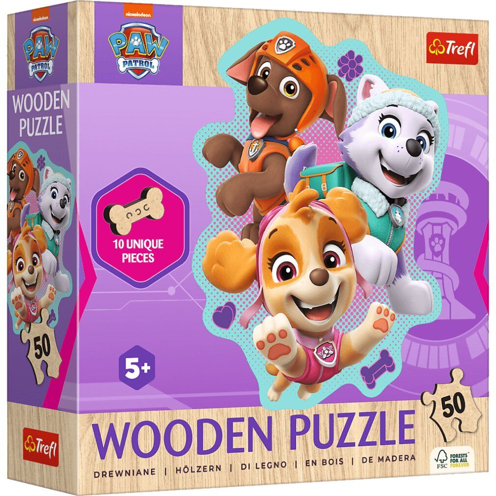 Puzzle en bois Trefl Paw Patrol, 50 pièces. Boîte avec logo, personnages et texte. Recommandé pour les enfants de 5 ans et plus.