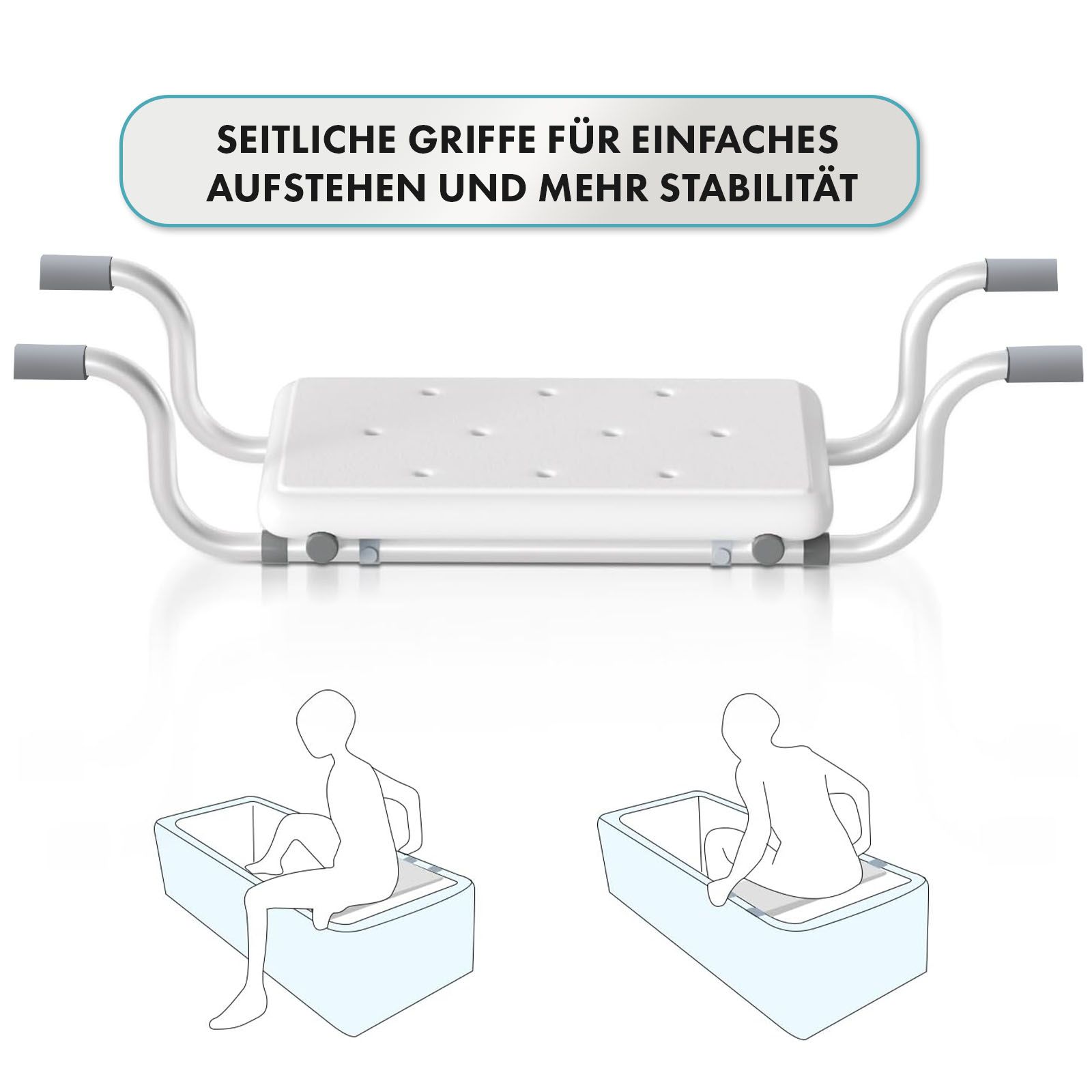 Badzitje met zijhandgrepen. Illustraties tonen gebruik. Voor gemakkelijk opstaan.