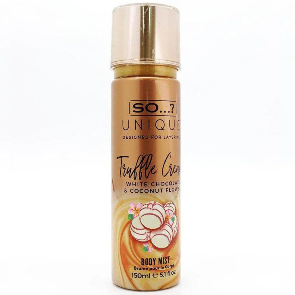 Vaporisateur corporel doré. Texte: So...? Unique, Trüffelcreme, White Chocolate & Coconut Flower. 150ml.