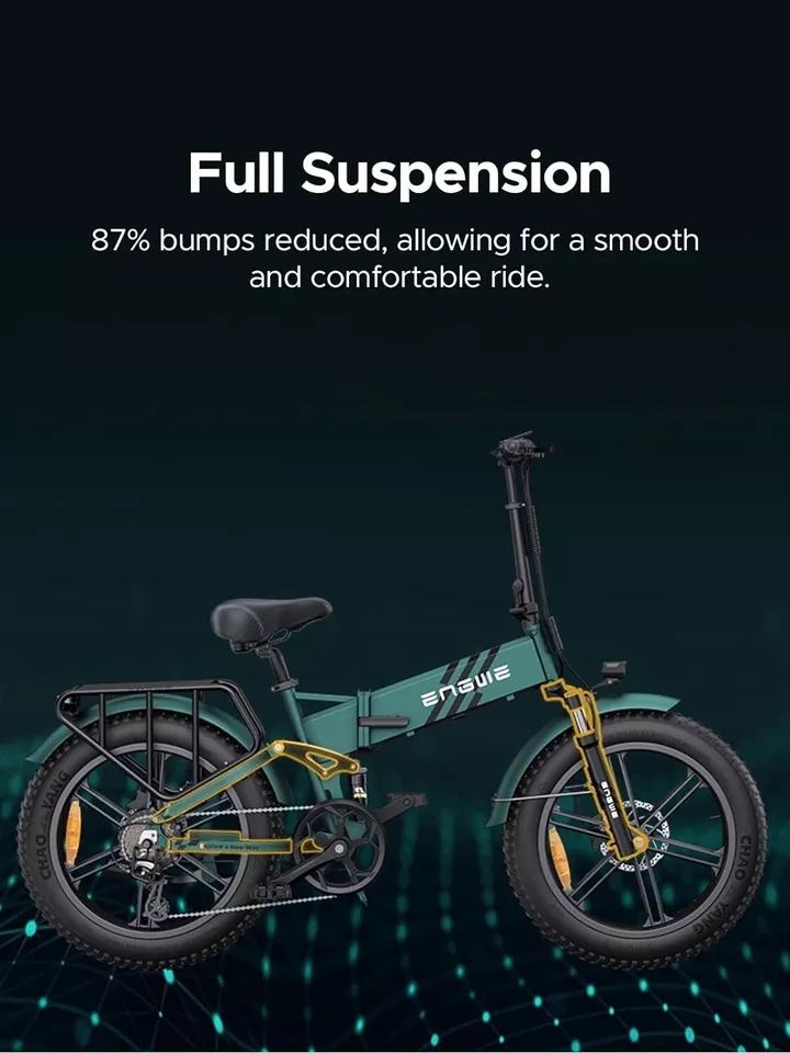 Fiets met tekst: Full Suspension. ENGWE-logo. Schematische weergave van de vering.